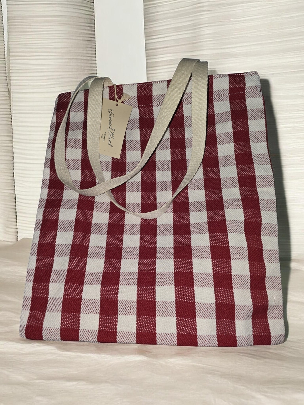 Universal Thread Red and White Gingham Canvas Tote with Cream Straps
